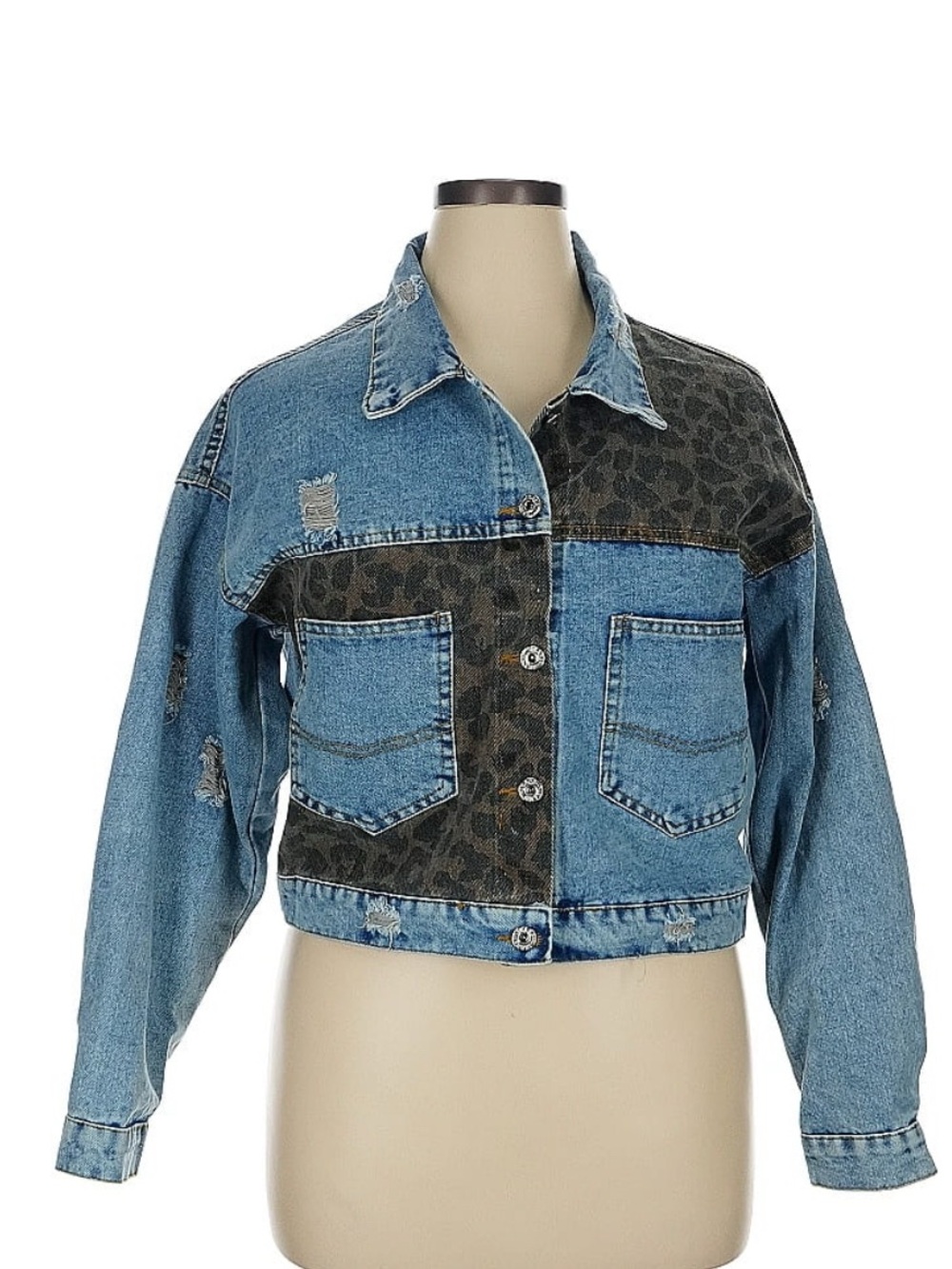 Blue Denim Patchwork Leopard-Print Cropped Jacket